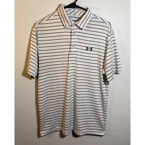 Under Armour The Playoff Polo Men’s Med White Black Stripe Loose Fit Golf Shirt